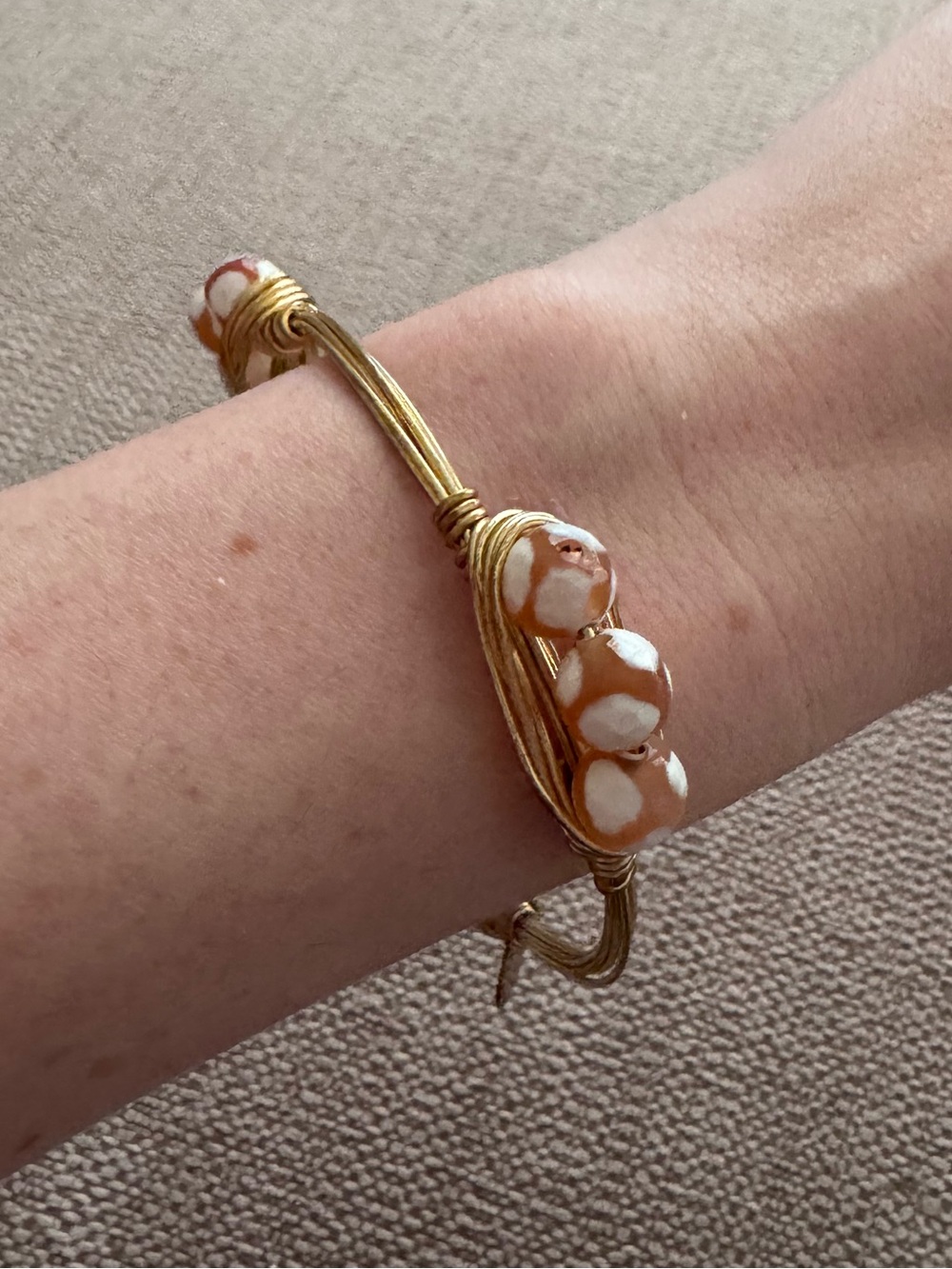 Gold-Tone Wire Wrapped Bracelet with Brown and White Spotted Beads
